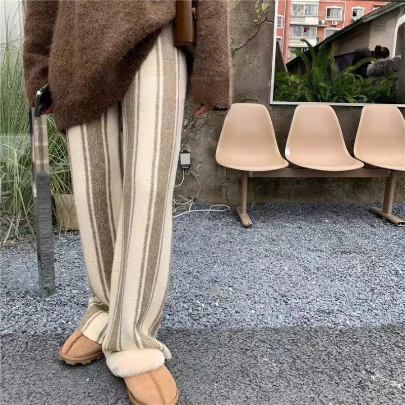 High Waist Knitted Trousers, Women's Casual Loose Striped Trousers, Women's Autumn and Winter Fashion Wide Trousers
