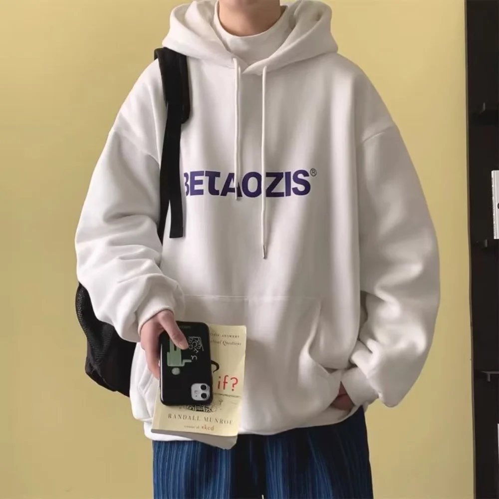 

M-8XL Korean Men Concise Letter Print Hoodie Oversize Loose Long Sleeve Student Hooded Sweater Autumn Outerwear Unisex