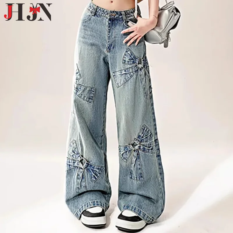Американские винтажные широкие джинсы с бантом прямые высокой талией для женщин