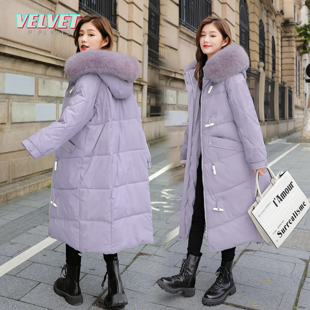 VelvetElement Winter Parkas Women Large Fur Collar Hooded X-Long Jacket Thickness Cotton Padded Overcoat -30 Degree Snow Outwear