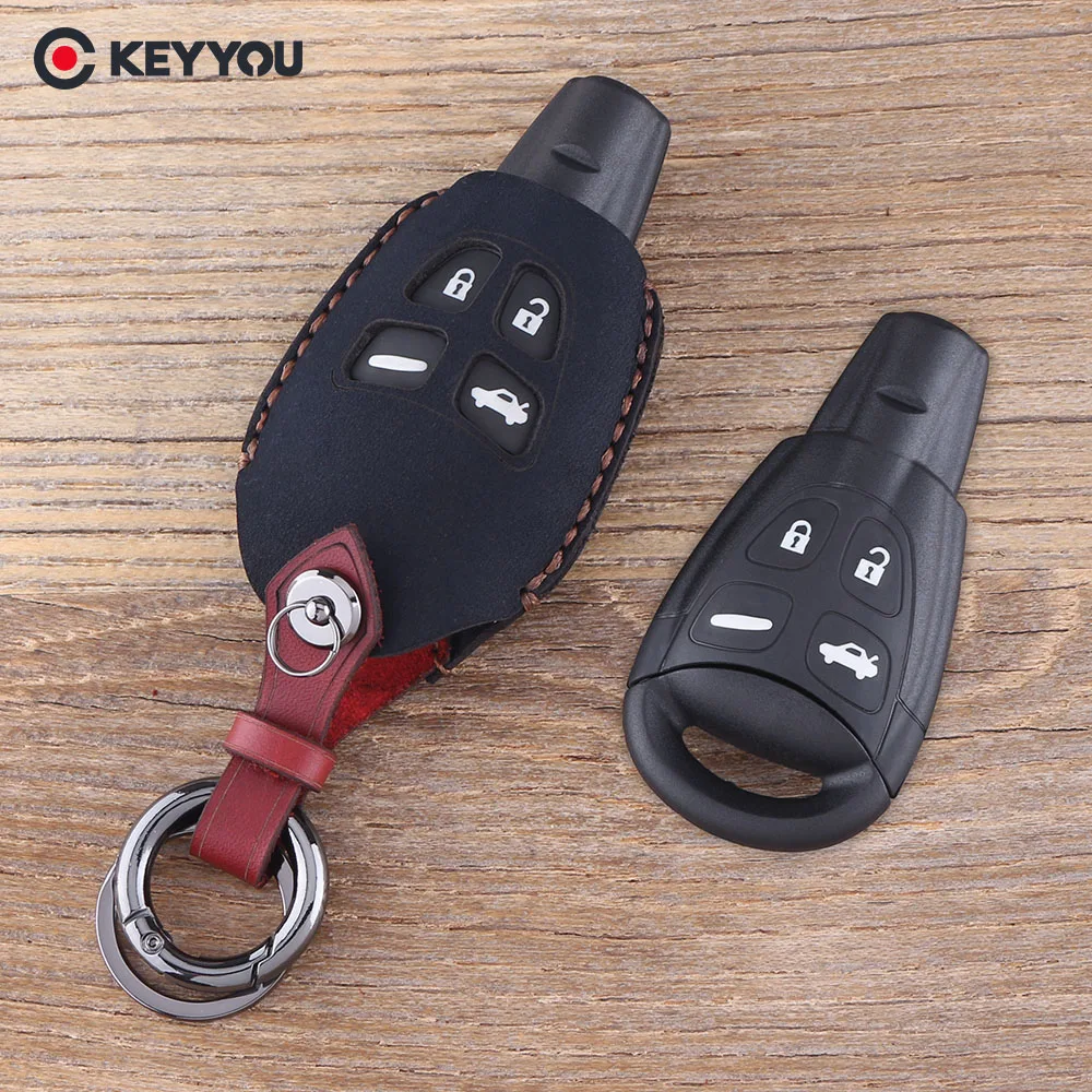 

KEYYOU 4 Buttons Genuine Leather car key case shell cover For SAAB 9-3 9-5 93 95 Blank Remote Car Key Shell Fob Case Cover