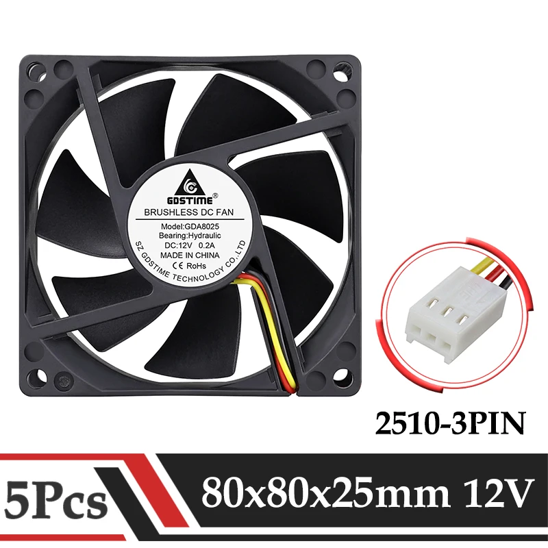 Кулер Gdstime для процессора 5 шт. 12 В постоянного тока 3 контакта 80 мм 8025 дюйма -