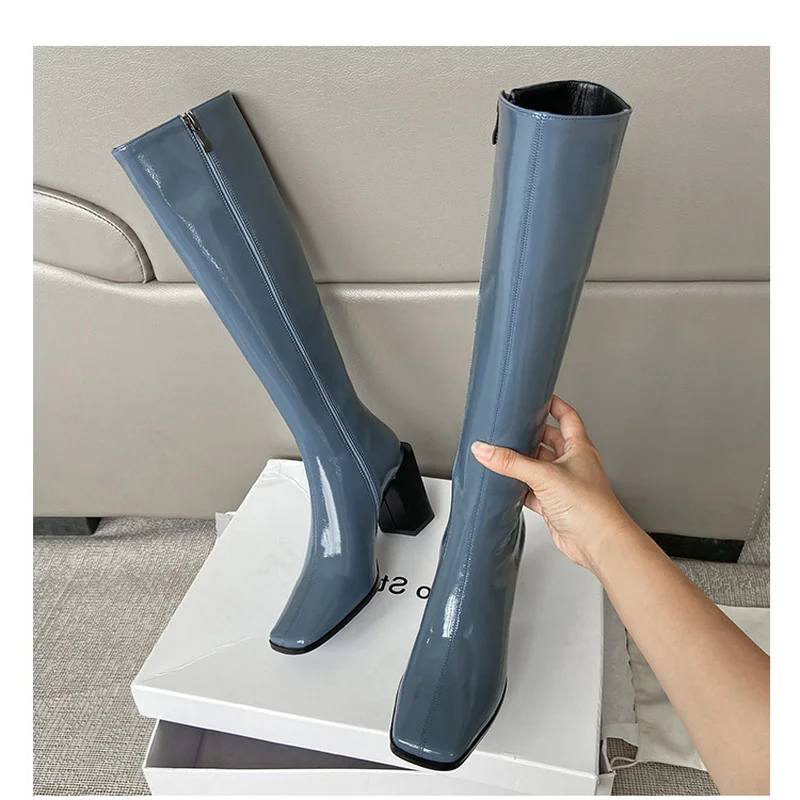 TSTCTB Blue Yellow Gray Patent PU Leather Womens Boots Block High Heeled Winter Shoes Knee High Riding Boots Knee-high Booties