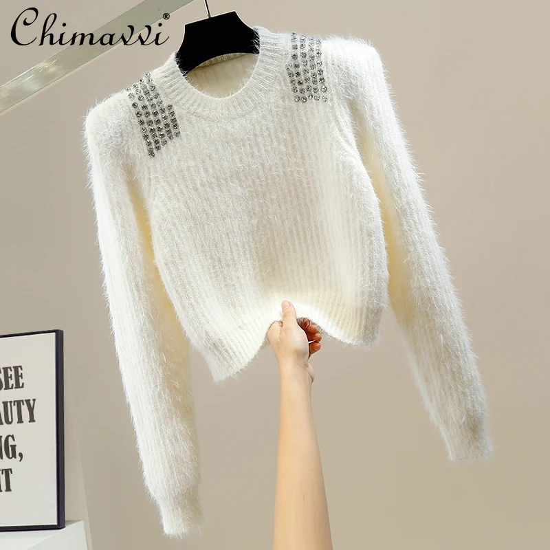 

Exquisite Rhinestone Pleated Design Round Neck Pullover Cropped Sweater Women's 2022 Spring Elegant Versatile Solid Color Top