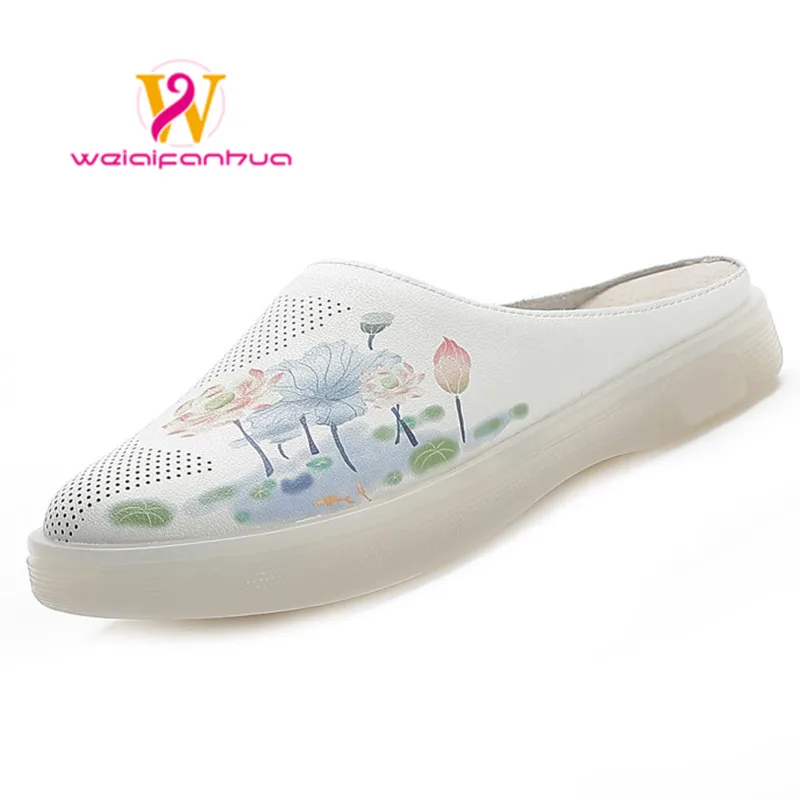 Slippers Women's Toe Wearing 2023 New Leather Flat Bottom Openwork Semi-drag Sandals Casual Mom Shoes Simple Single Shoe Women