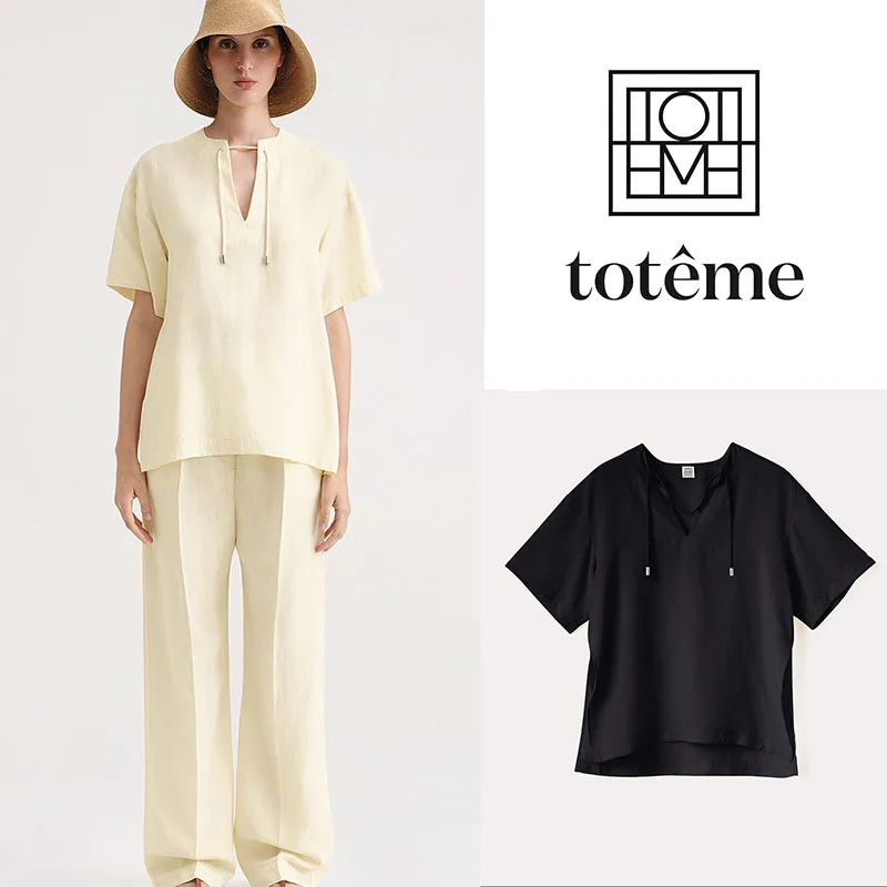 

Toteme Casual Fashion Tops Female Clothing Women's 2023 New Vanilla Lyocell Blend Knitted V-Neck Short Sleeve T-Shirt Top