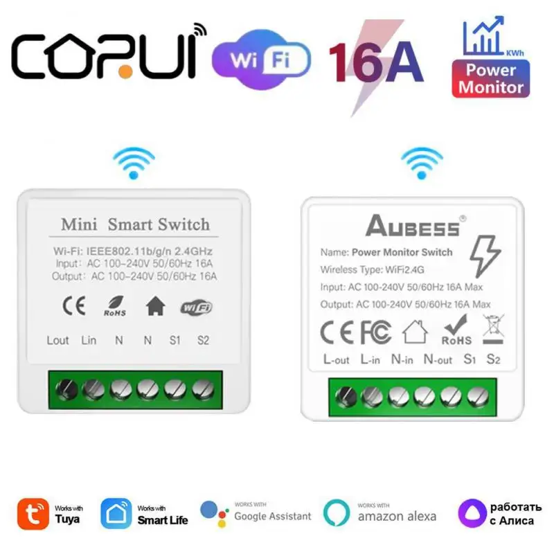 

CORUI 16A Tuya Smart WiFi Switch 2-way Control Switch Smart Life Control Alexa Google Home Yandex Alice With Power Monitor