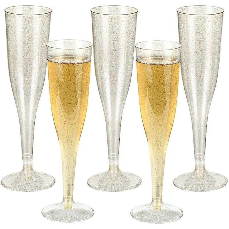 

Gold Glitter Plastic Champagne Flutes Wine Glasses Party Glitter Clear Plastic Cups Disposable Champagne Flute