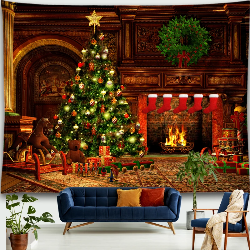 

Merry Christmas Tapestry Snowflakes Santa Claus Winter Night Xmas Tree Wall Hanging Fireplace Gift New Year Decorations for Home