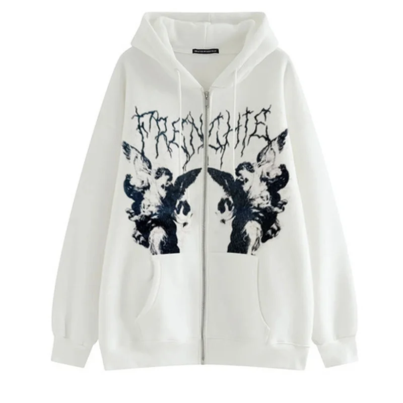 Y2K Clothes Women Vintage Printed Zip Up Hoodie Sweatshirts Oversized Ladies Casual Loose Zipper Jackets Hooded Tops Streetwear