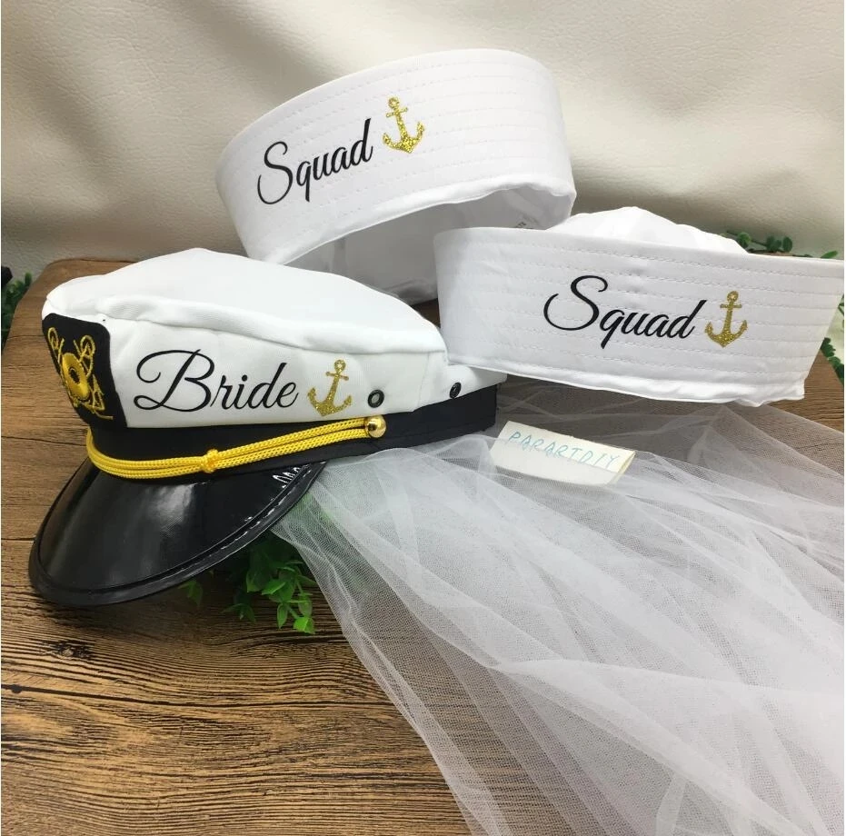 

custom cruise wedding Nautical bachelorette hats, bride captain lets get nauti sailor bride squad hats, bridesmaid sailor hats