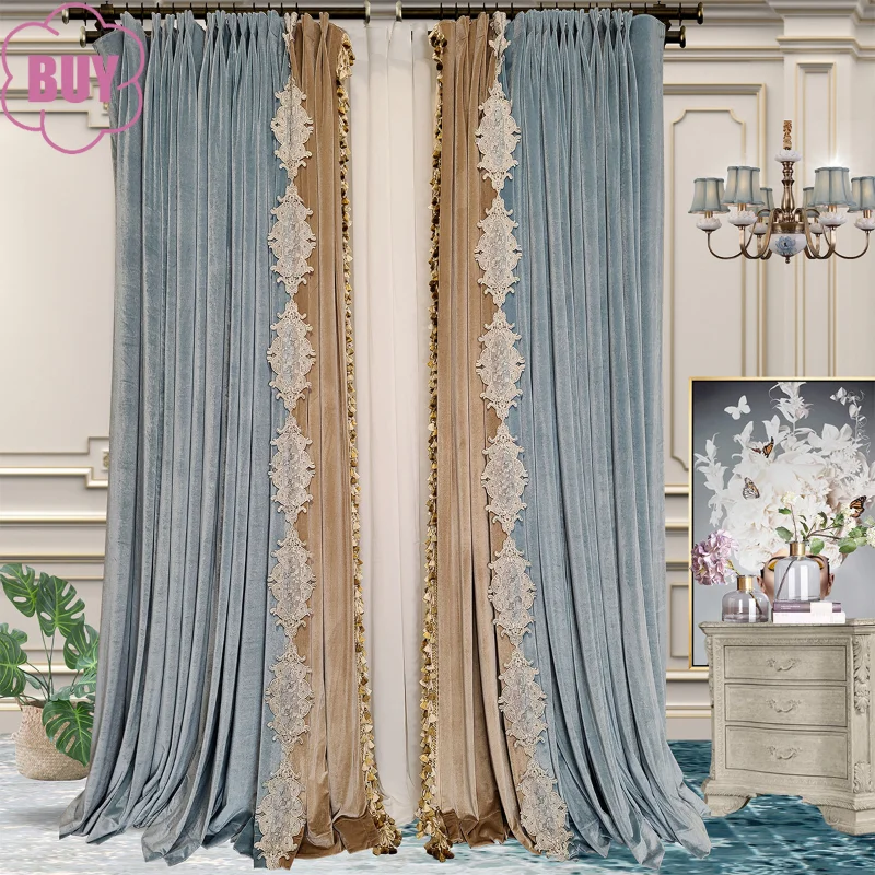 

2023 French Curtains Living Room Bedroom Light Luxury Blue Embroidery Lace Velvet Curtain Thick Custom