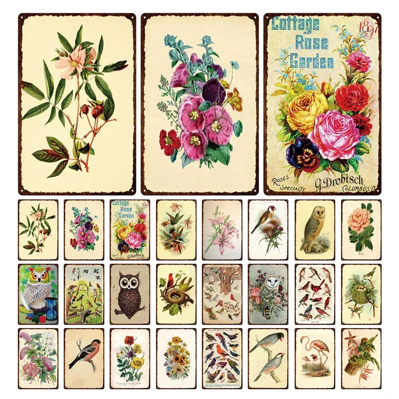 

Watercolor Garden Beautiful Flower Bird Tin Sign Plaque Floral Metal Sign Retro Wall Art Retro Poster Home Decor Iron Painting