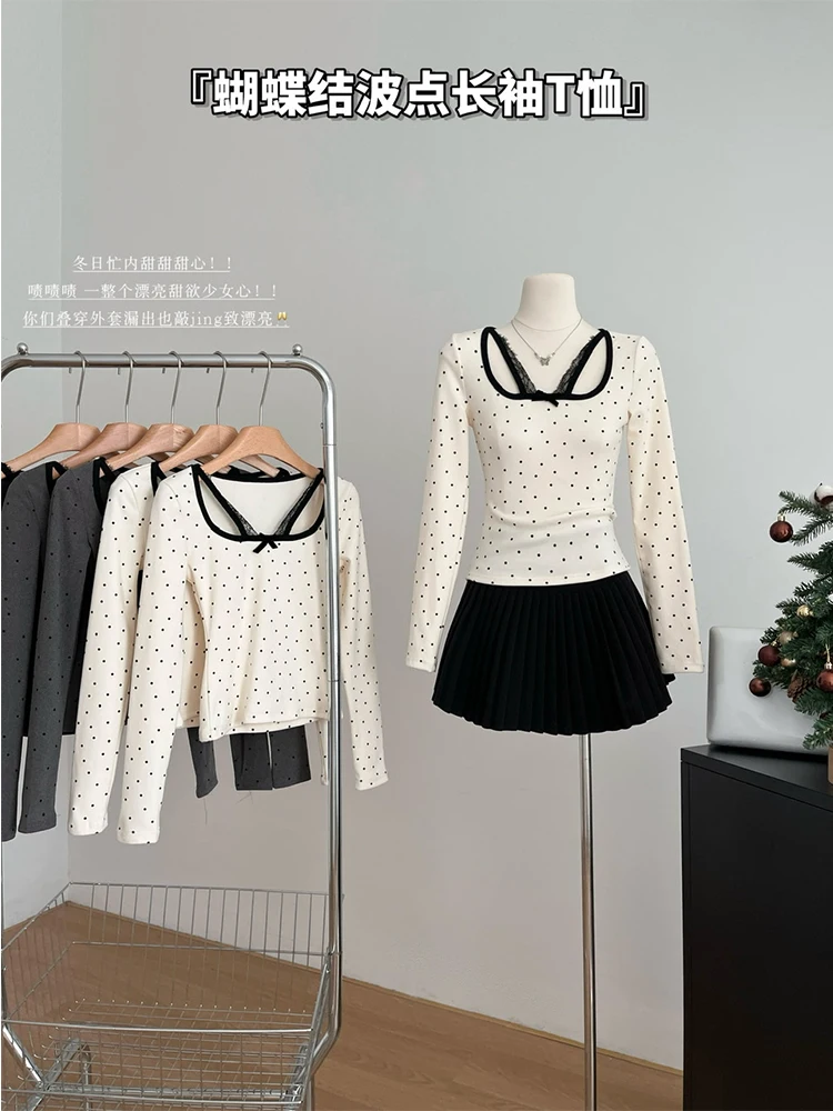 Весна 2025 года женский корейский кружевной укороченный топ в горошек эстетичная