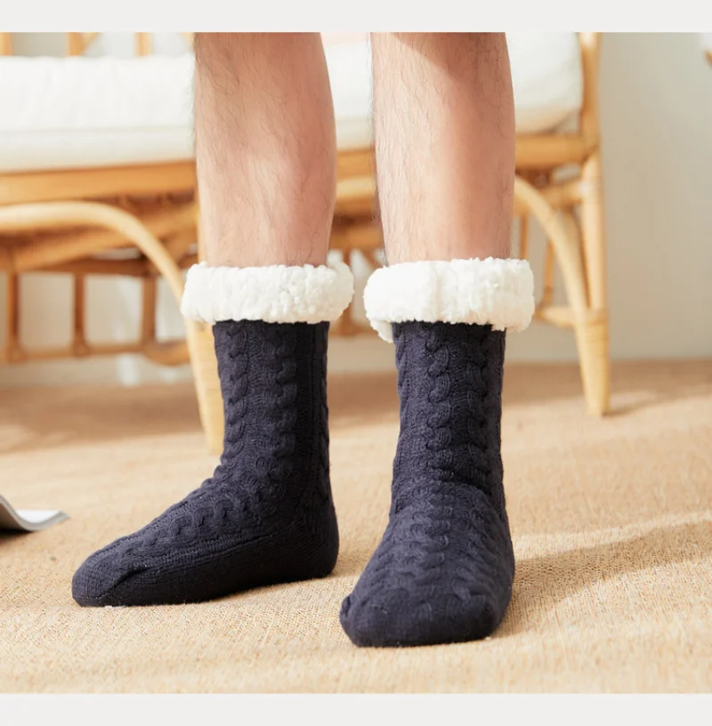 Mens Thermal Socks Winter Warm Home Soft Male Cotton Thickened Plus Velvet Sleeping Anti Skid Grip Short Floor Slipper Sock