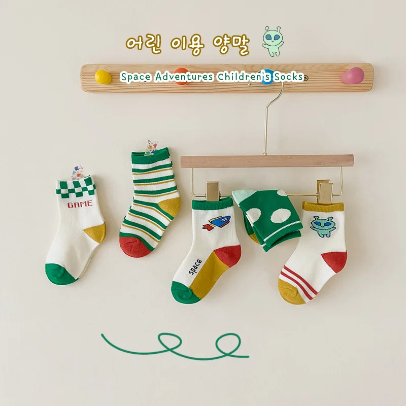 

5 pairs of Children's socks 2022 thin Cartoon Bear stripe socks combed cotton socks for kids baby socks cute socks