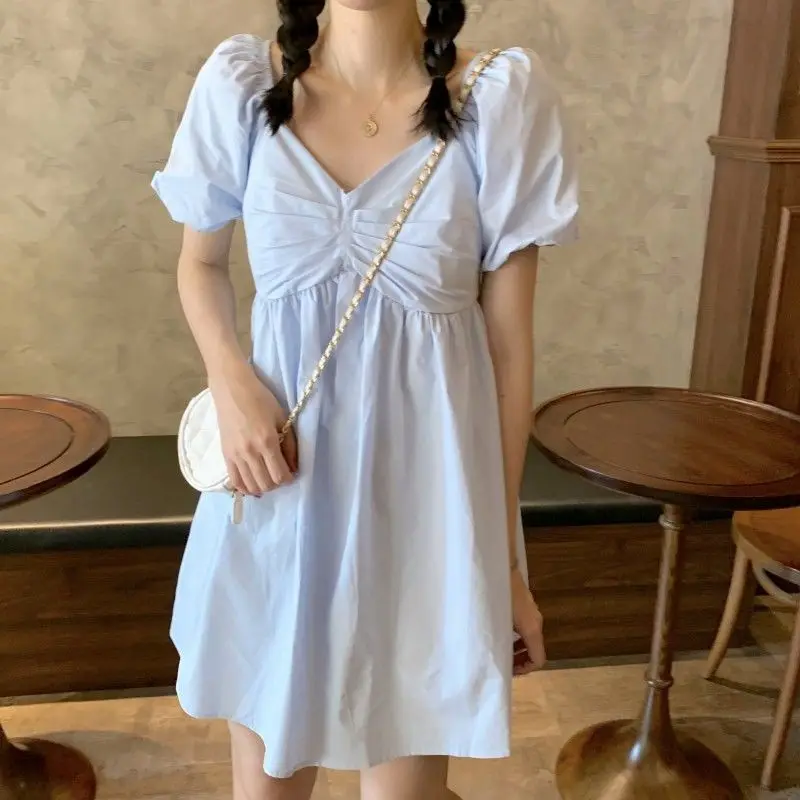 

2022 Kawaii Short Sleeve Mini Dress Summer Women Streetwear Outfits Cute Y2K V Neck Dress for Girl Clothing Korean Fashion