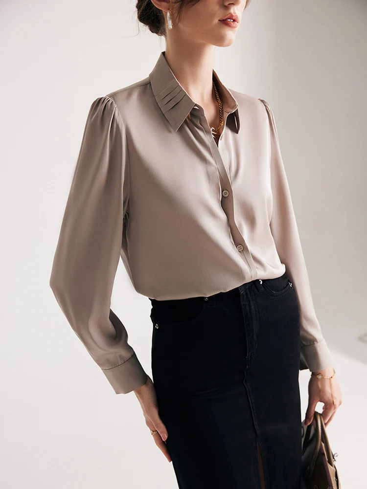 SuyaDream Woman Dress Shirts 90%Silk 10%SpandexTurn Down Collar Solid Chic Blouses 2023 Spring Summer Office Lady Top Black Grey enlarge