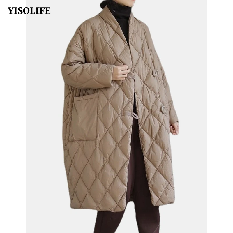 

YISOLIFE Women's Winter Lightweight Jackets Loose Padded Coats Soft Quilted Coats V-Neck Mid-length Jackets with Buttons