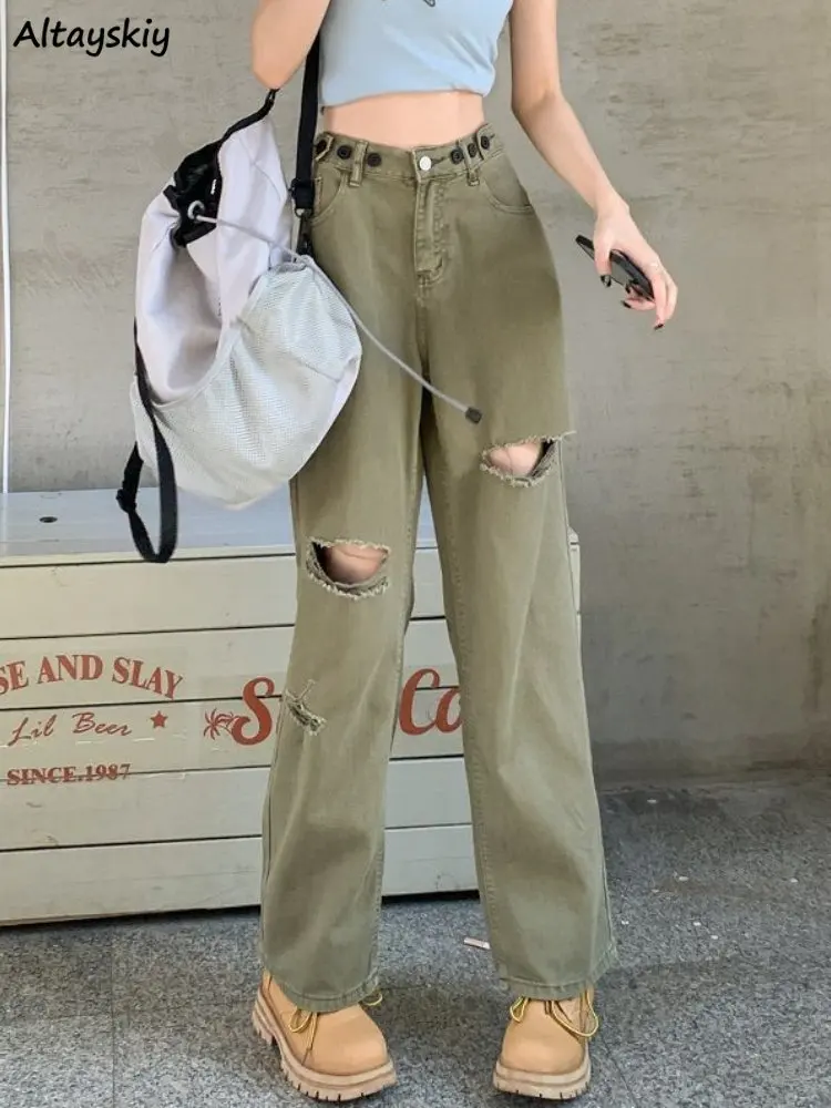 

Hole Jeans Women Army Green Vintage Streetwear Spring Loose Casual All-match Straight Popular BF Students Simple Unisex Ulzzang