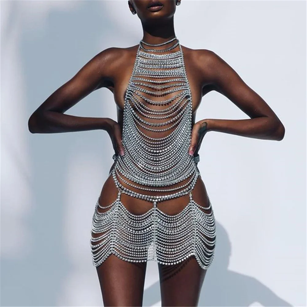 

Fashion Rhinestone dress exaggerated Rhinestone body chain bra underwear one chain evening show suit