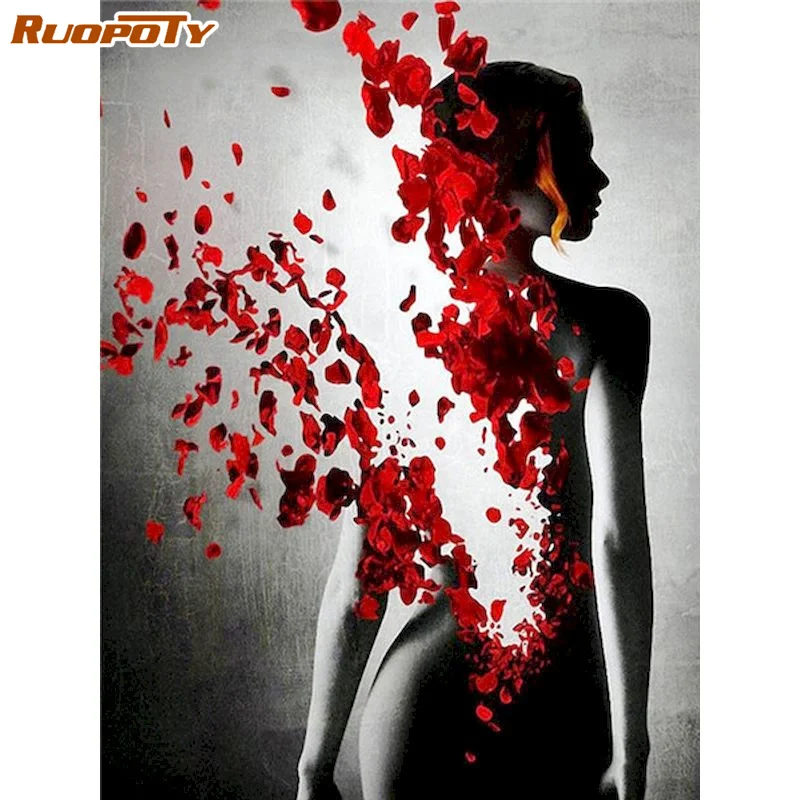 

RUOPOTY 60x75cm Painting by numbers Handmade Canvas painting Woman Rose Coloring by numbers Unique Gift Home decor
