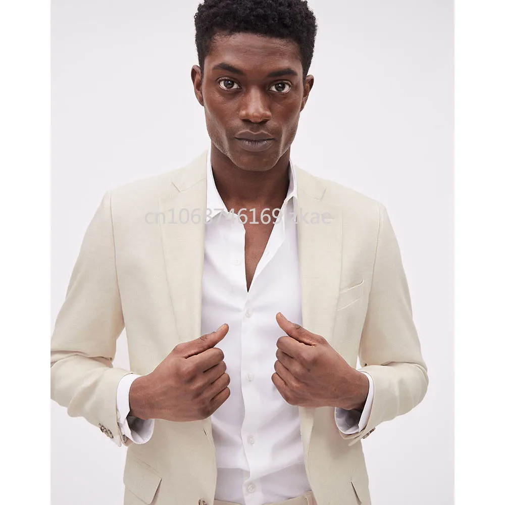 Приталенные мужские костюмы бежевый льняной роскошный пиджак брюки жилет полный