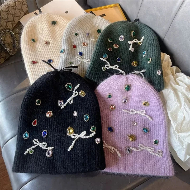 

2022 Quality Winter Hat Wool Knitted Thickened Warm Beanies Hats For Women Luxury Rhinestone Hip Hop Skullies Cap Female Gifts