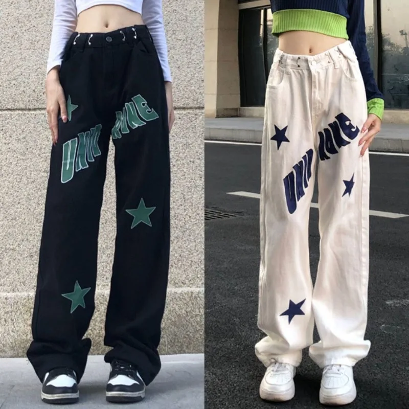 

Hikigawa 2023 Spring Star Letter Print High Waist Women Pants Chic Fashion Loose Wide Leg Casual All Match Patchwork Pantalones