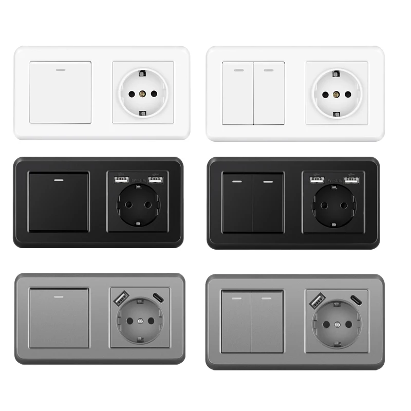 Евророзетка настенная NYWP с клавишным выключателем 220 В 16 А usb157 * 86