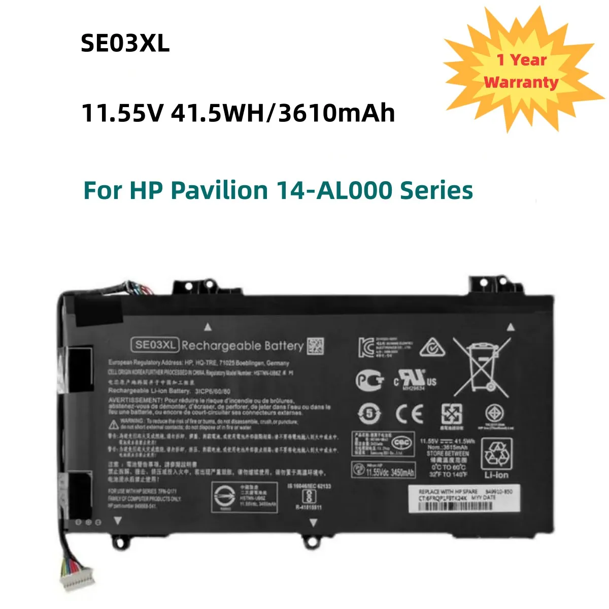 

SE03XL 11.55V 41.5WH Laptop Battery For HP Pavilion 14-AL000 Series HSTNN-LB7G HSTNN-UB6Z SE03 TPN-Q171 849568-541 849568-421