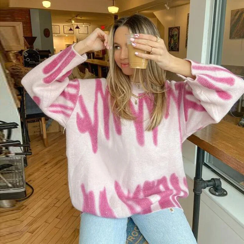 

2022 autumn and winter new fashion women's casual round neck long-sleeved tie-dye loose women's pullover trendy sweater