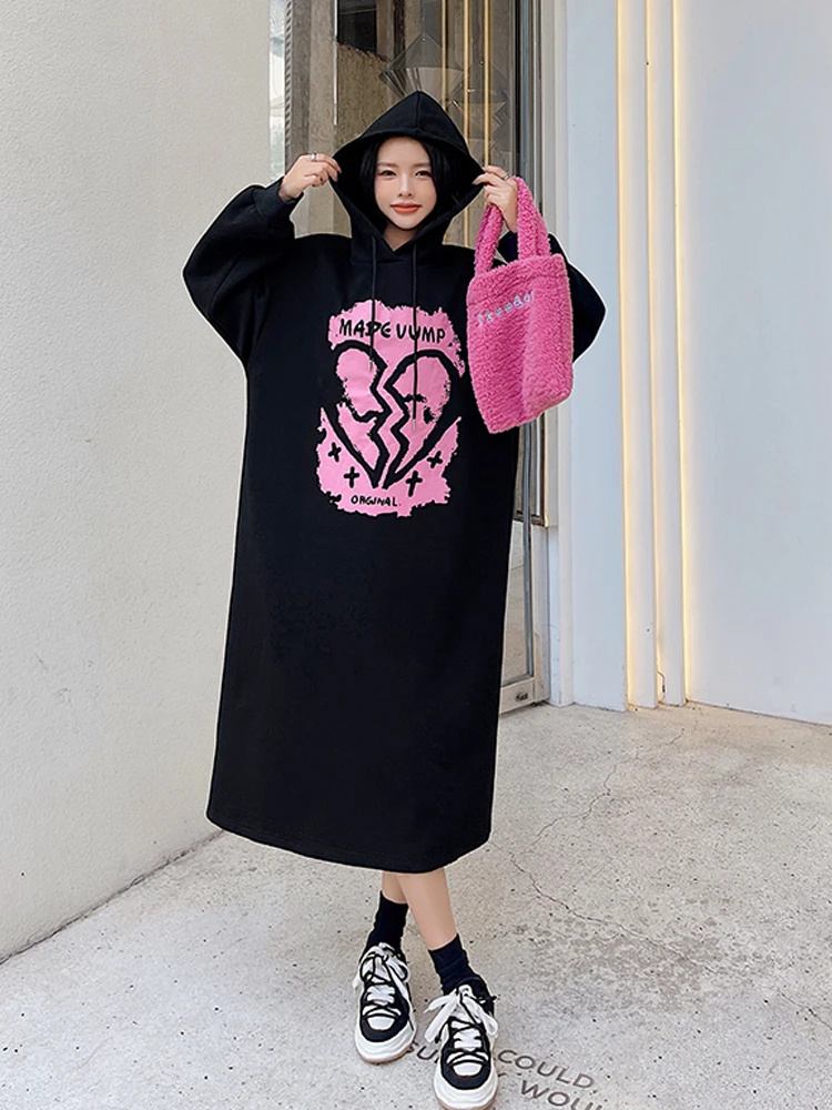

2023 Winter Autumn Korean Woman Dress Loose Heart Print Plus Size Fleece Thickened Warm Long Hooded Hoodies Dresses For Women