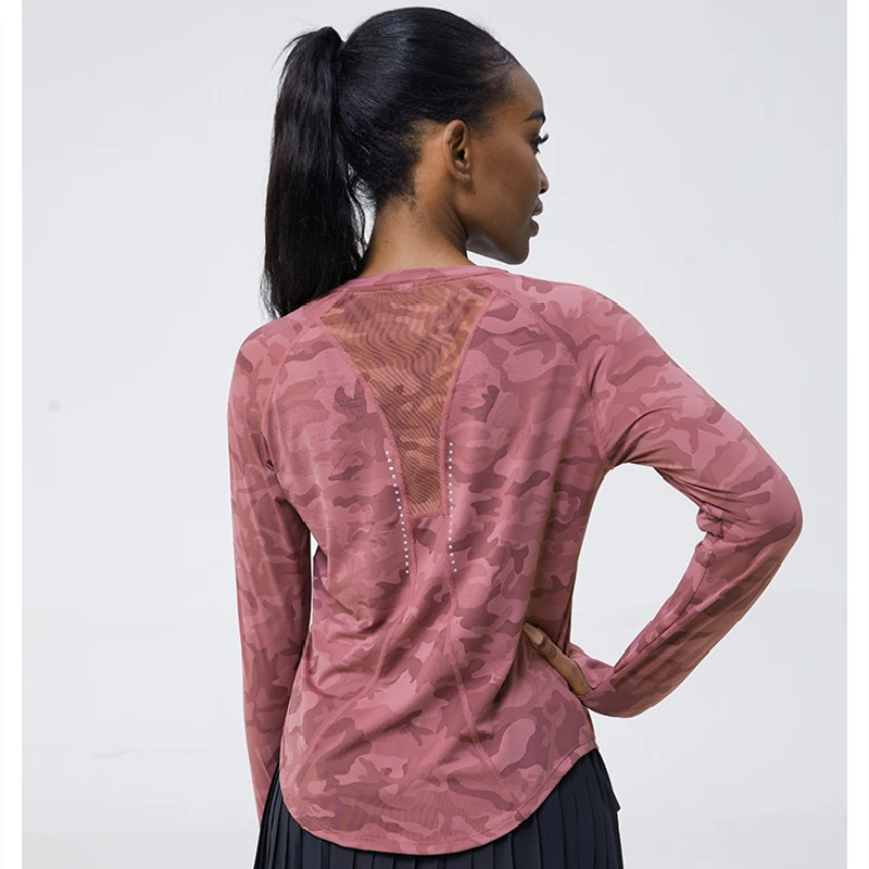 Women Running T Shirts Mesh Camouflage Sport Long Sleeves Golf Tennis Slim Shirt Gym Fitness Training Tees Yoga Jogging Tops