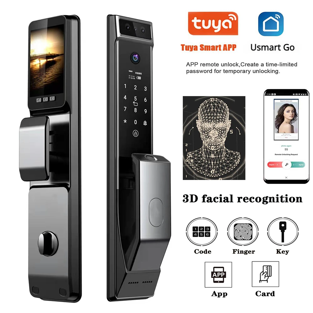 Tuya Wifi Usmart Go App Automatic 3D Face Smart Door Lock Recognition Security Intelligent Biometric Fingerprint With Camera
