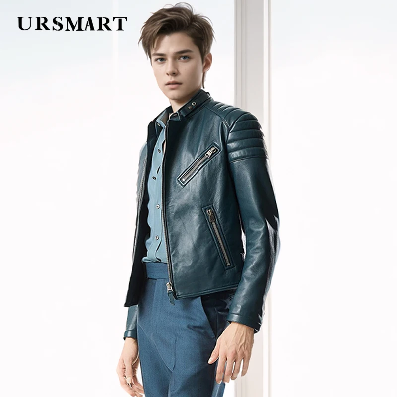 Классическая британская модная кожаная куртка для мужчин-темно-зеленая короткая