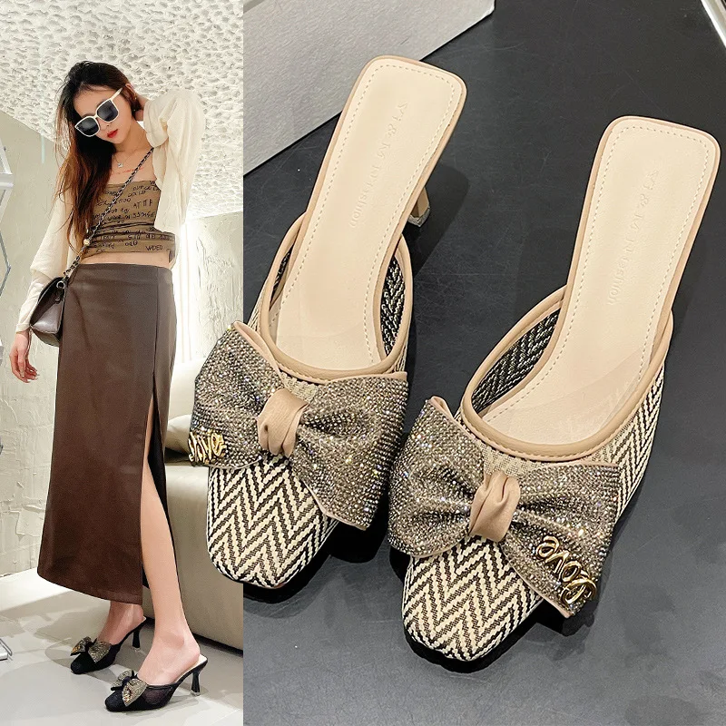 

2023 Summer New Breathable Mesh Surface Fine Heel Bow Bun Head Half Drag Square Head Fashion Women's Shoes