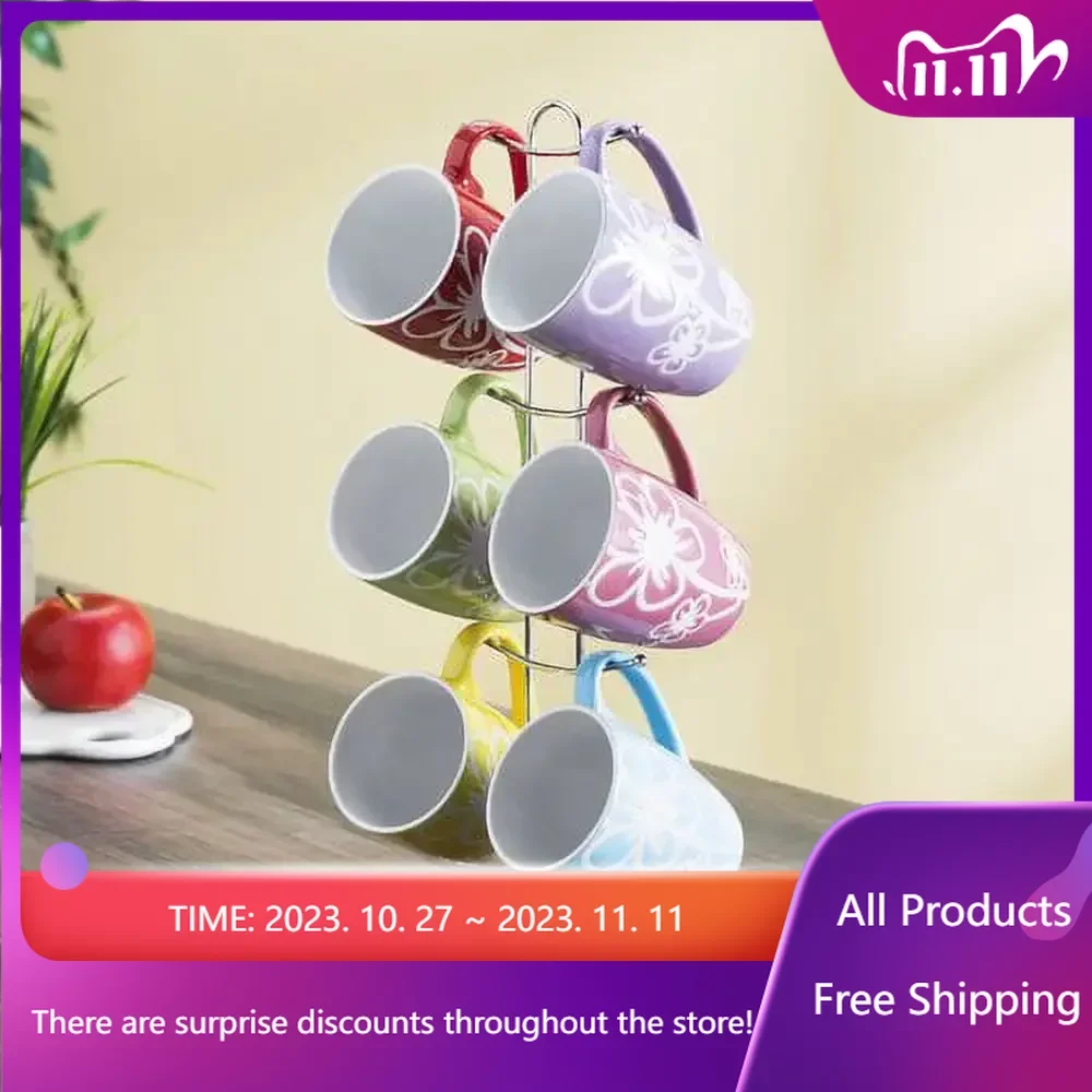 

6-Pieces Mug Set with Stand, Floral， Kitchen Organizer ， Kitchen Sink Holder ， Kitchen Accessories , Storage Organizer Fast Tran
