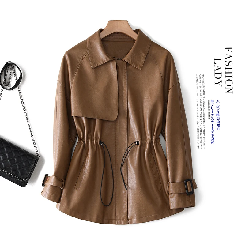 2022 Autumn Blue Short Leather Jacket Women Korean Fashion Drawstring Zipper Faux Leather Coats Female Long Sleeve Outerwear