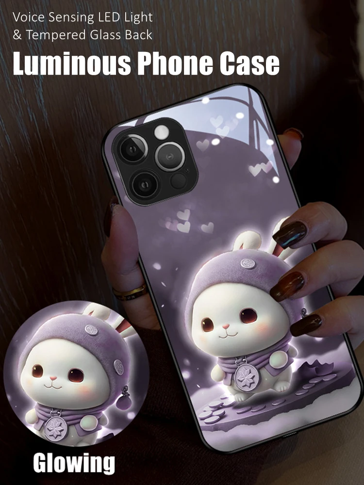 

Kawaii Bunny LED Light Glowing Luminous Tempered Glass Back Phone Case for Samsung S21 S22 S23 Note 10 20 A14 A54 A73 Plus Ultra