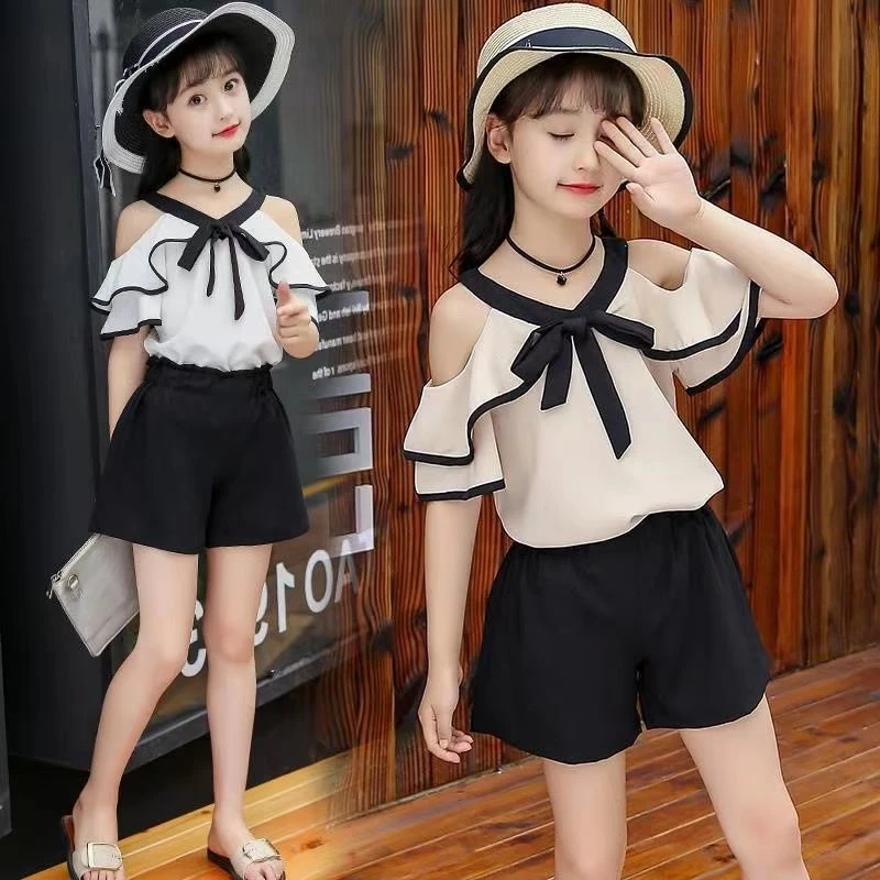 

Girls Summer Sets New Vest Shorts Chiffon 2 Pieces Baby Suit Kids 10 Years Old Bow Knot T-shirt Baggy Shorts Children's Clothing