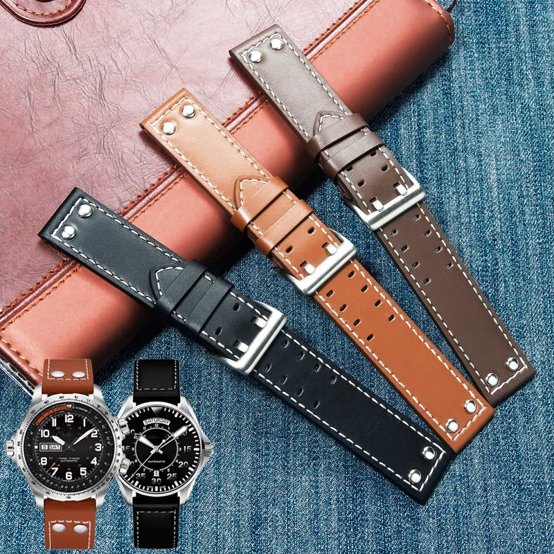 

20mm 22mm Genuine Leather Strap for Hamilton Watch Band Rivet Men Military Pilot Khaki Field Aviation Wrist Bracelet for Seiko