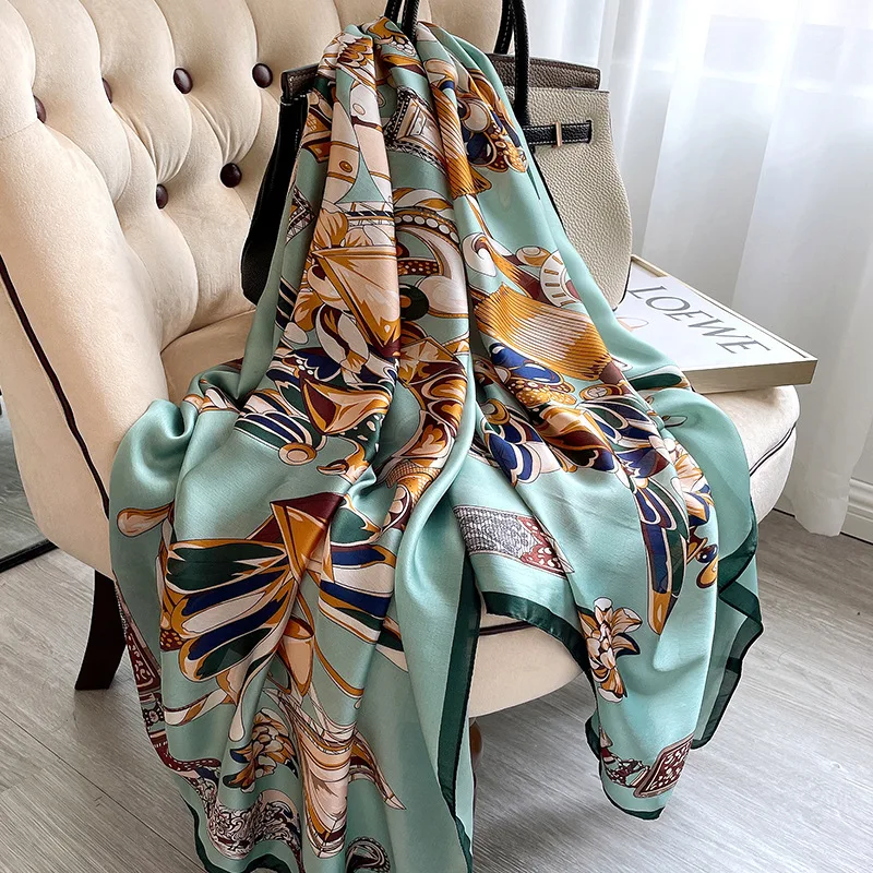 

2022 New Soft Imitation Silk Scarf Women Large Sunscreen Shawl Fashion Print Scarf Beach Towel 3 Colors Available