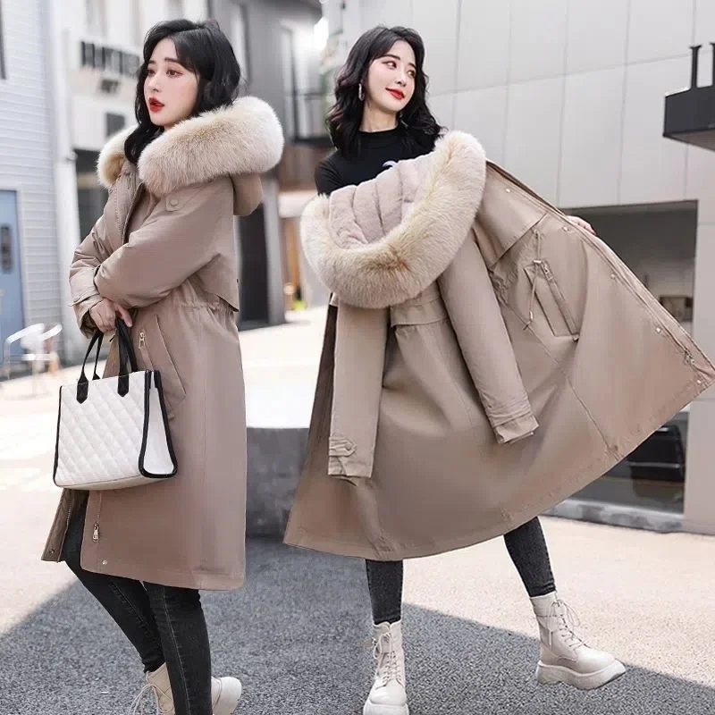 2022 New Snow Wear Long Parkas Winter Jacket Women Fur Collar Hooded Clothing Female Casual Fur Lining Thick Parka Winter Clothe