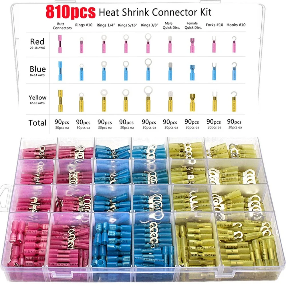 

810pcs Automotive Heat Shrink Ring Fork Wire Connector Kit Insulated Electrical Crimp Connectors Butt Spade Terminals Waterproof