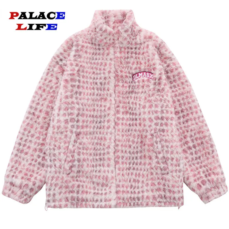 

Winter Men Jacket Parka Streetwear Harajuku Tie Dye Plaid Cashmere Thick Warm Coats Hip Hop Zip Up Fleece Jacket Unisex