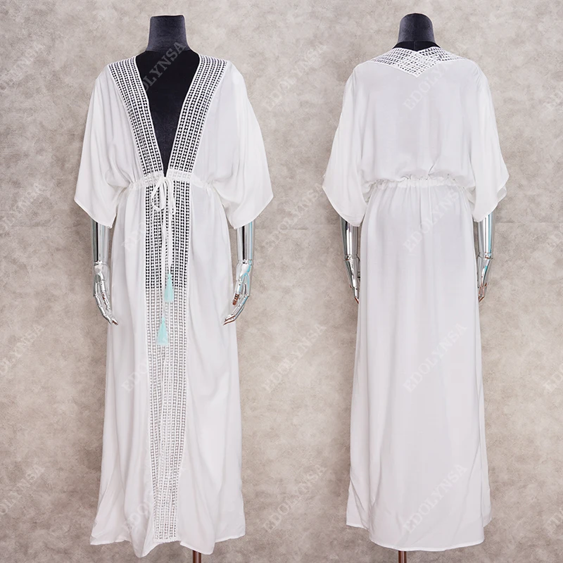 2022 Bikini Cover-ups White Cotton Tunic Women Plus Size Beach Wear Elegant Long Kimono Cardigan Sarongs Swimsuit Cover Up Q1075 | Женская