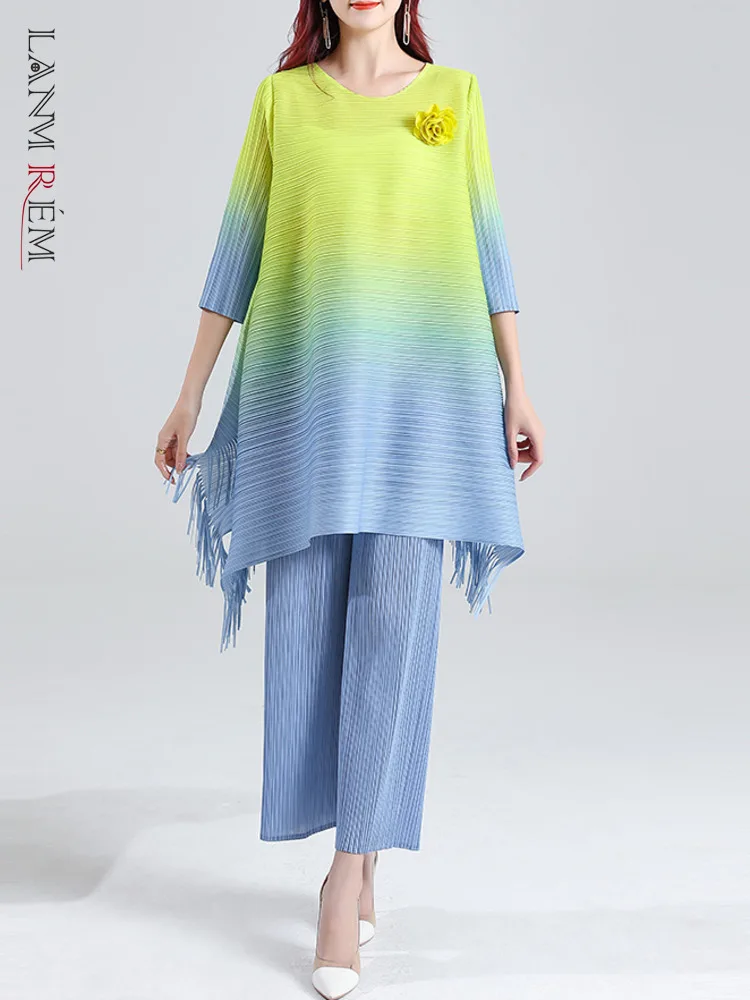 

LANMREM Gradient Pleated 2 Pieces Set For Women Round Neck Long Sleeves Tassels Tops High Waist Straight Trousers 2023 2YA3155