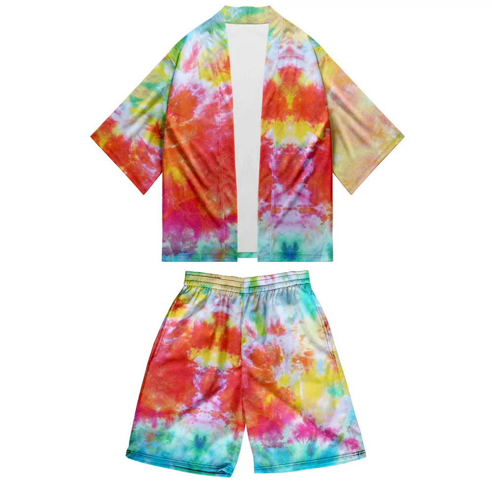 2PCS Men Tie Dye Robe Sets Short Sleeve Kimono&Shorts Pajamas Suit Summer Couple Sleepwear Home Clothes Large Size Nightwear