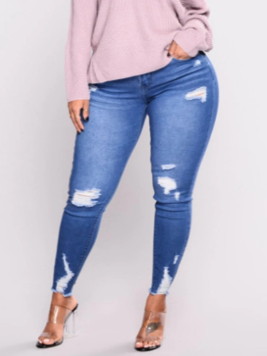 

LW Plus Size Mid Waist Ripped Skinny Jeans Women's Skinny Stretch Jeans Ripped High Waisted Sexy Pencil Pants Denim Trousers